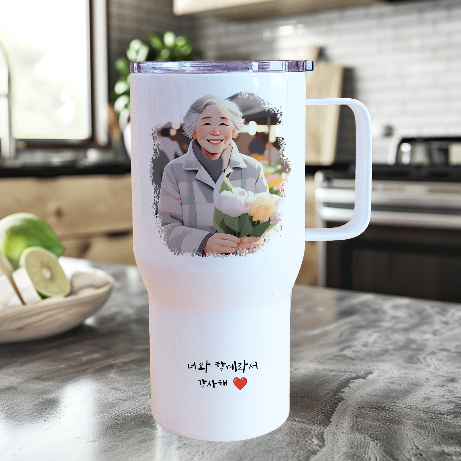 캐리커쳐 텀블러 주문제작 대용량 손잡이 사진을 수채화 일러스트 인쇄 문구 각인 650ml - 상세 이미지 5