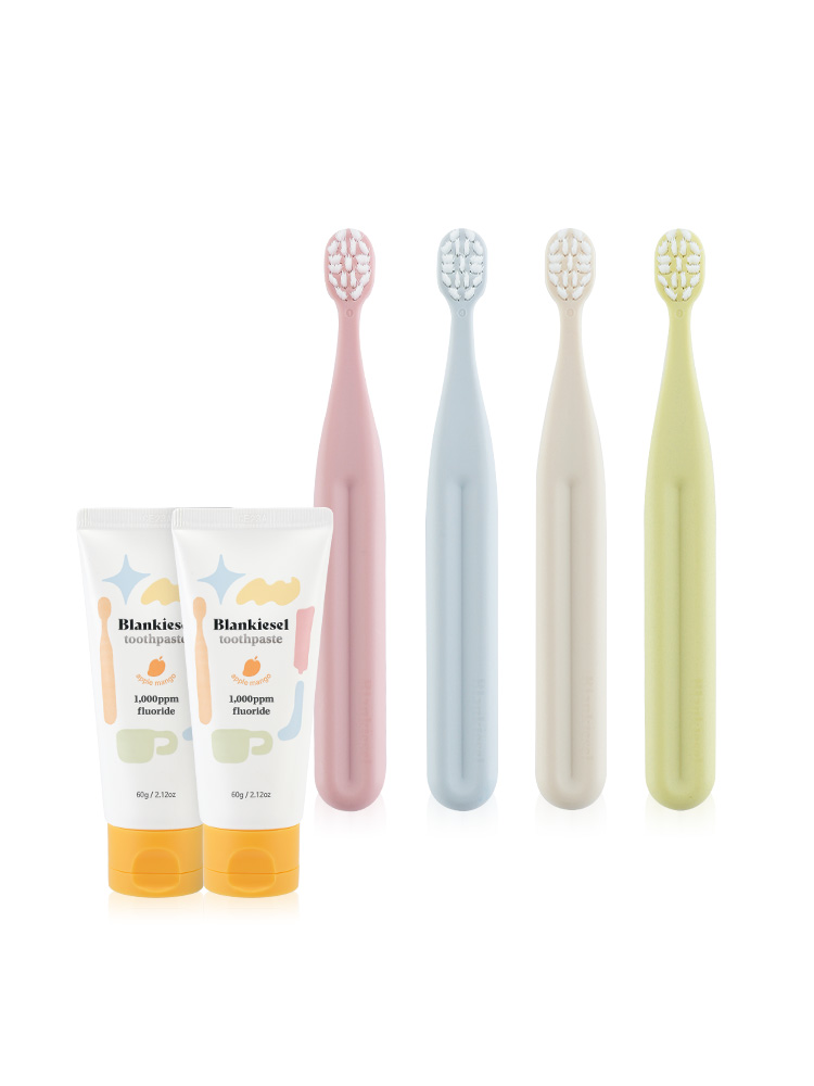 블랑키즐 고불소 아기 유아 어린이 치약 칫솔 1단계 세트 (애플망고향 치약 2개 + 칫솔 1단계 4개)
