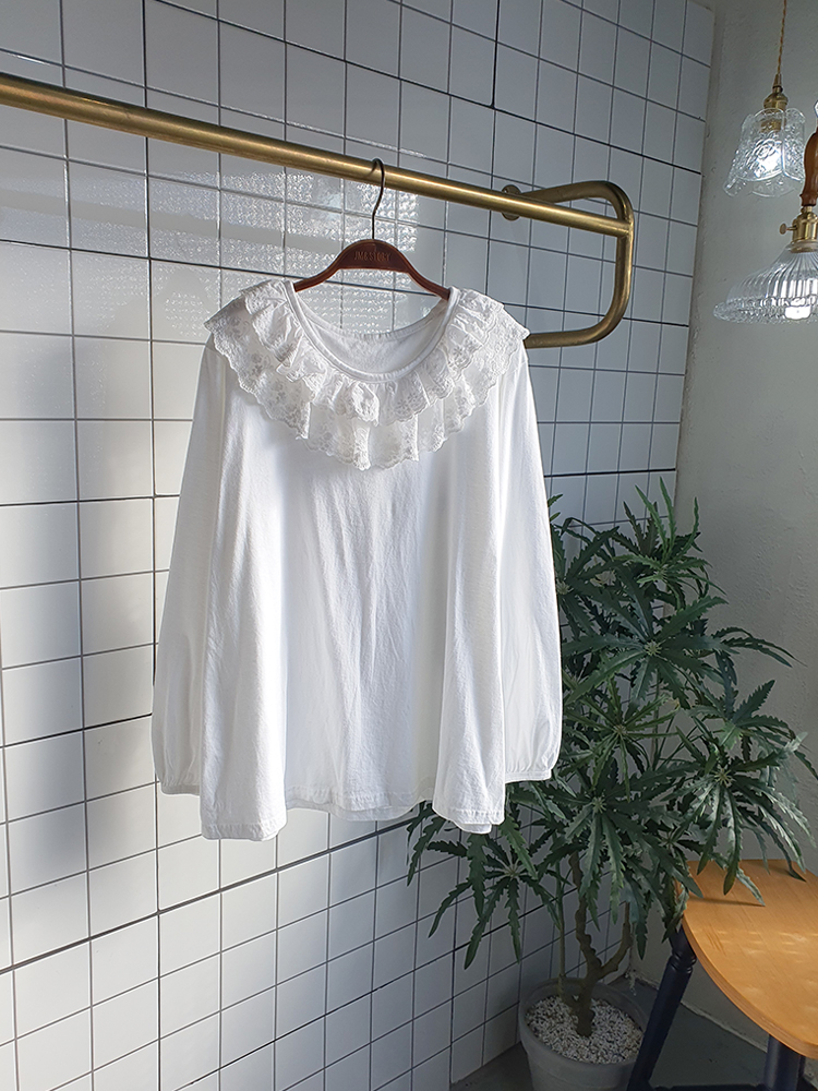 (무배) 프릴 레이스 라운드 흰 면 티셔츠