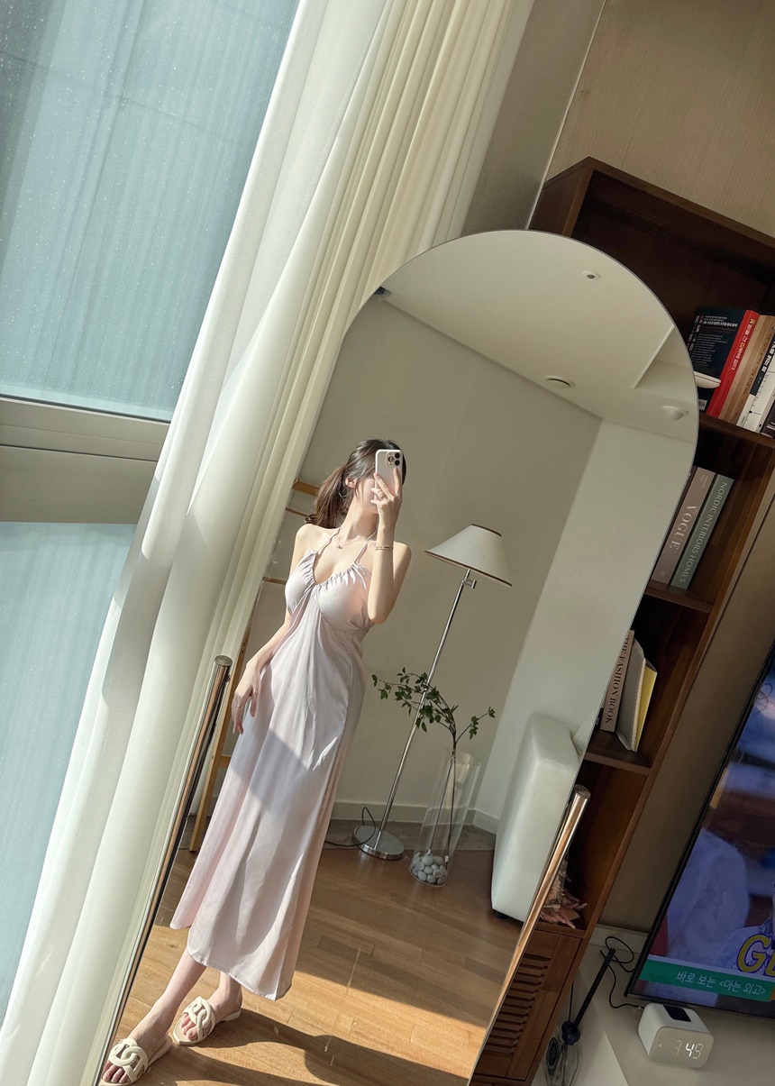[신상💛캡내장]홀터넥 실크 새틴 슬립 잠옷 원피스 상세 이미지 10