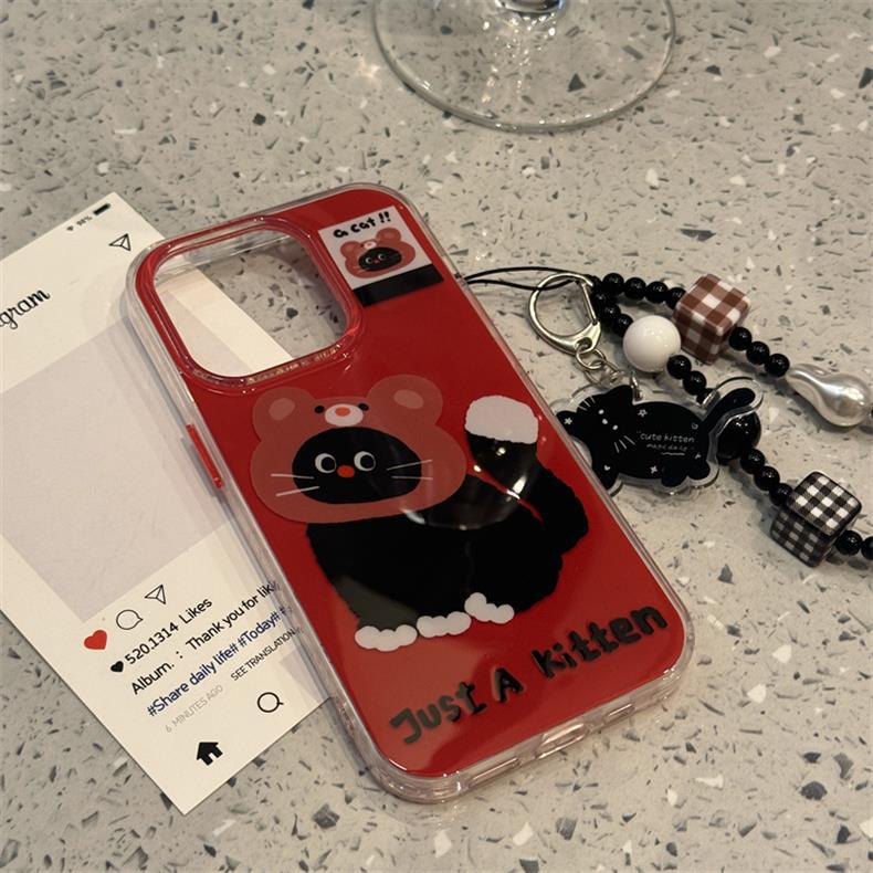 [3Style] 레드 와인 컬러 귀여운 블랙 고양이 거치대 아이폰16ProMax 케이스 아이폰15/14 여성용 애플폰케이스 - 상품 이미지