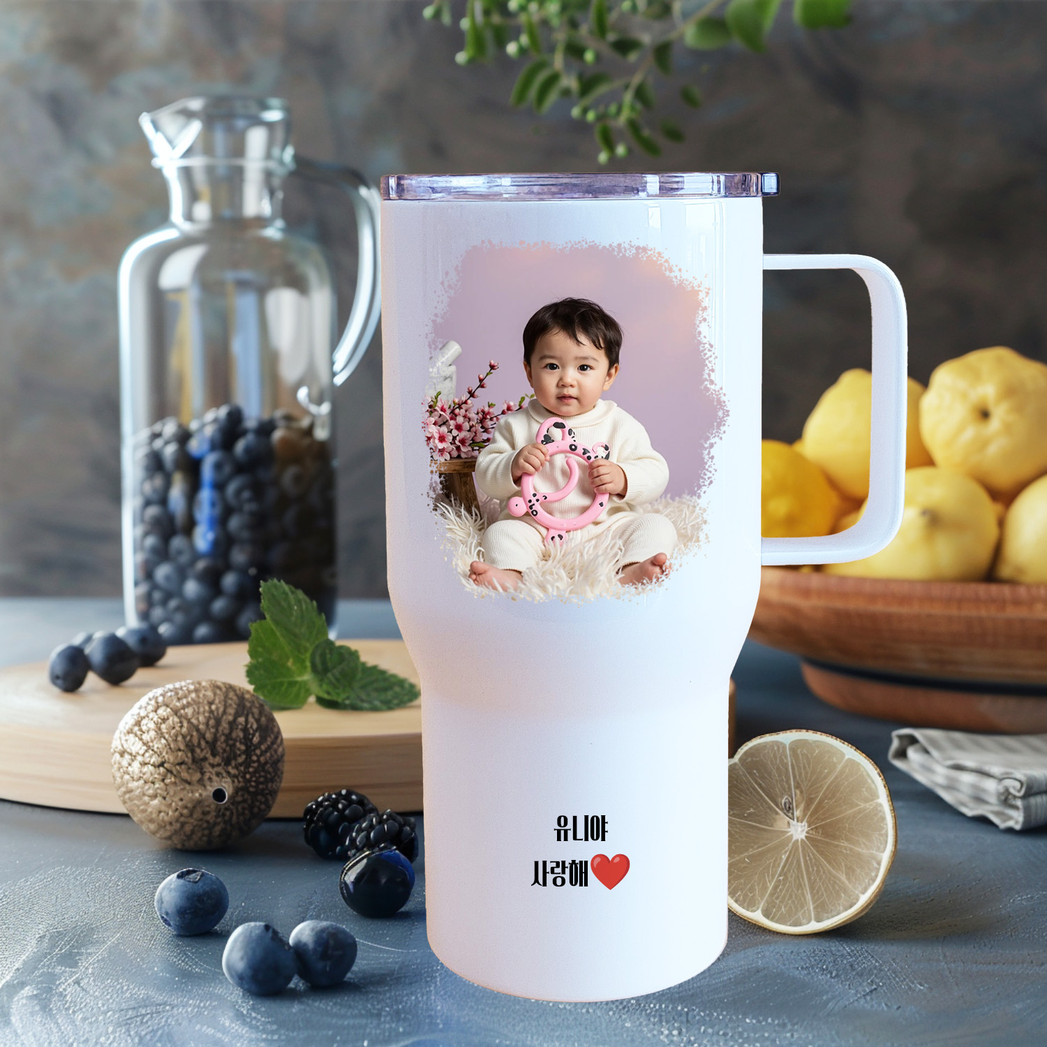텀블러 주문제작 대용량 손잡이 포토텀블러 사진 그림 굿즈 커스텀 각인 650ml - 상품 이미지