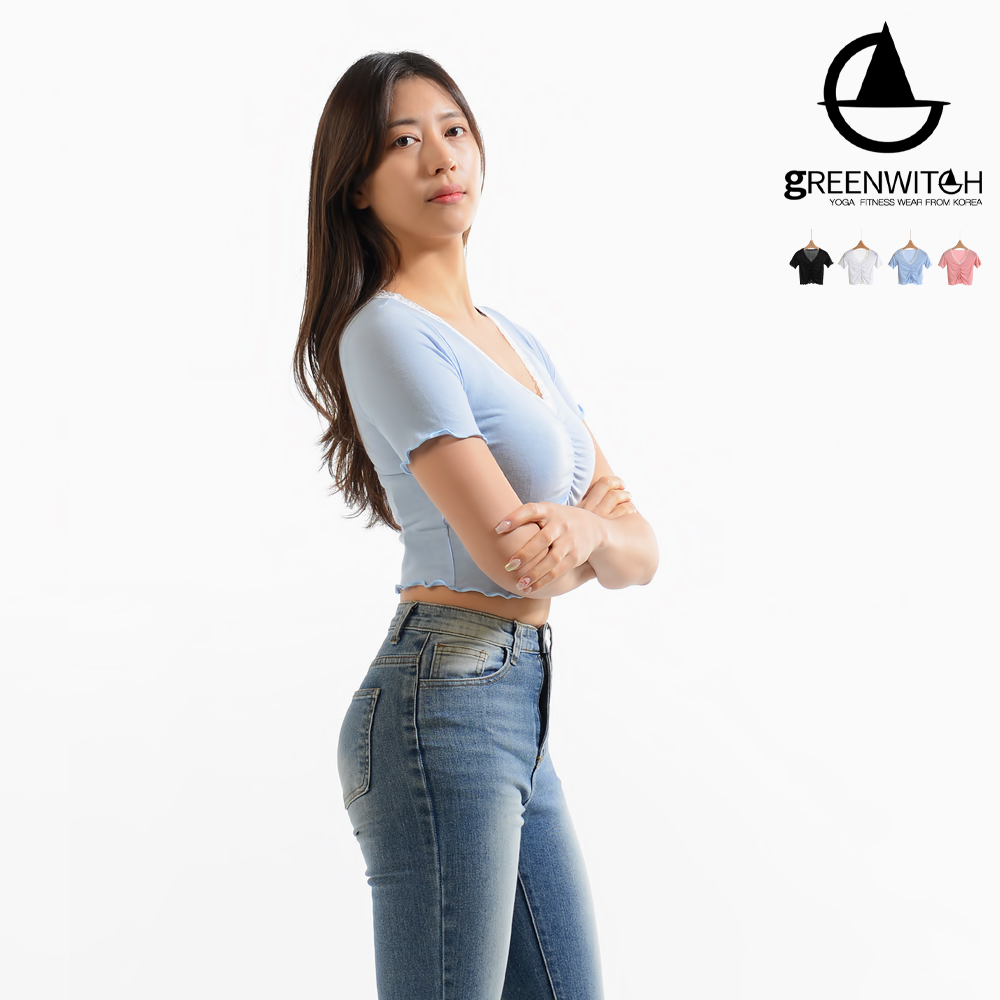 그리니치 레이스 브이넥 셔링크롭탑 반팔티 요가복 - 상세 이미지 2