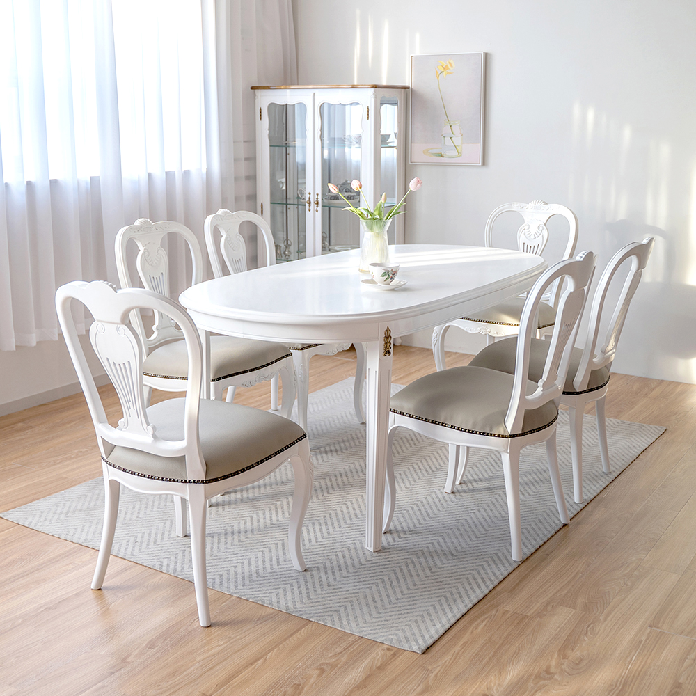 크램드 프렌치 엔틱 6인용 원목 식탁세트 봄베이의자