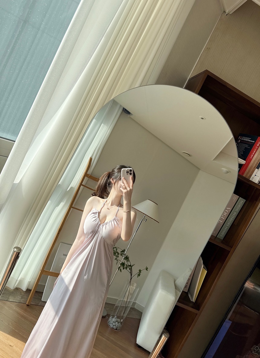 [신상💛캡내장]홀터넥 실크 새틴 슬립 잠옷 원피스 상세 이미지 17
