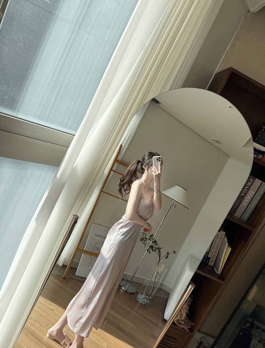 [신상💛캡내장]홀터넥 실크 새틴 슬립 잠옷 원피스 상세 이미지 9