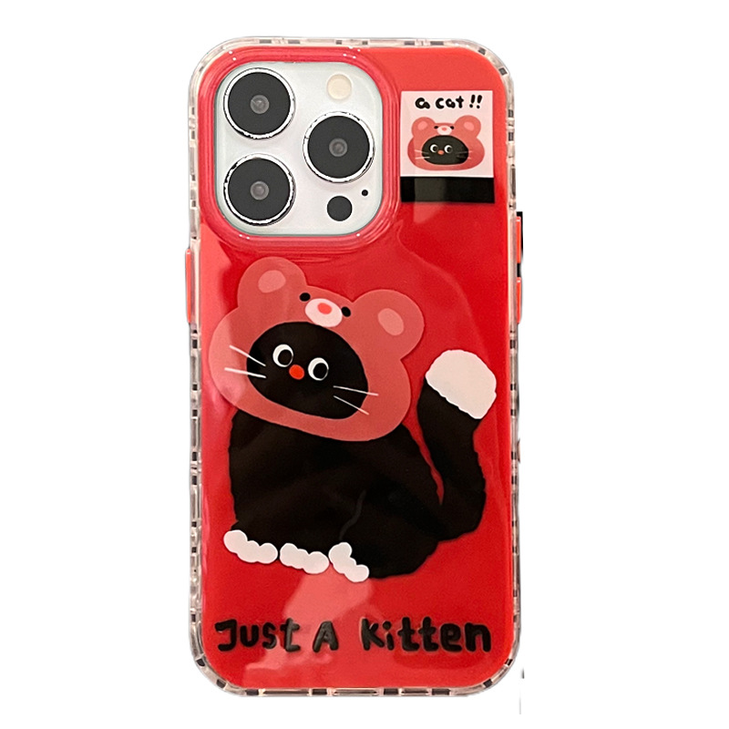 [3Style] 레드 와인 컬러 귀여운 블랙 고양이 거치대 아이폰16ProMax 케이스 아이폰15/14 여성용 애플폰케이스 - 상세 이미지 4