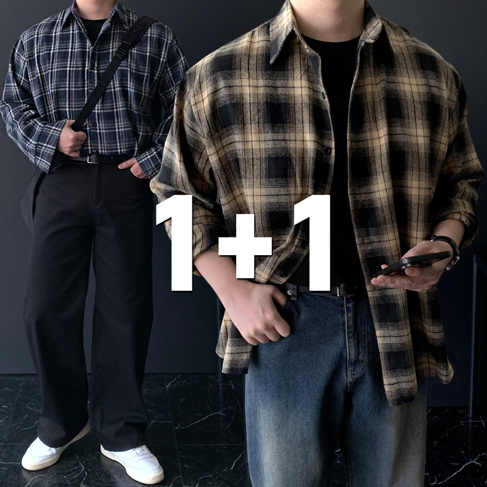 1+1 남자체크남방 플란넬셔츠 남자오버핏남방 - 메인 이미지