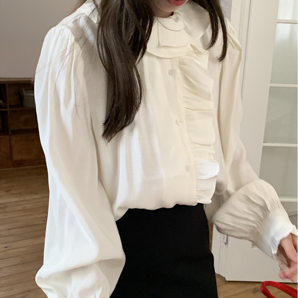 둥근카라블라우스 프릴넥 러플 하객 퍼프 가을 블라우스 이미지 7