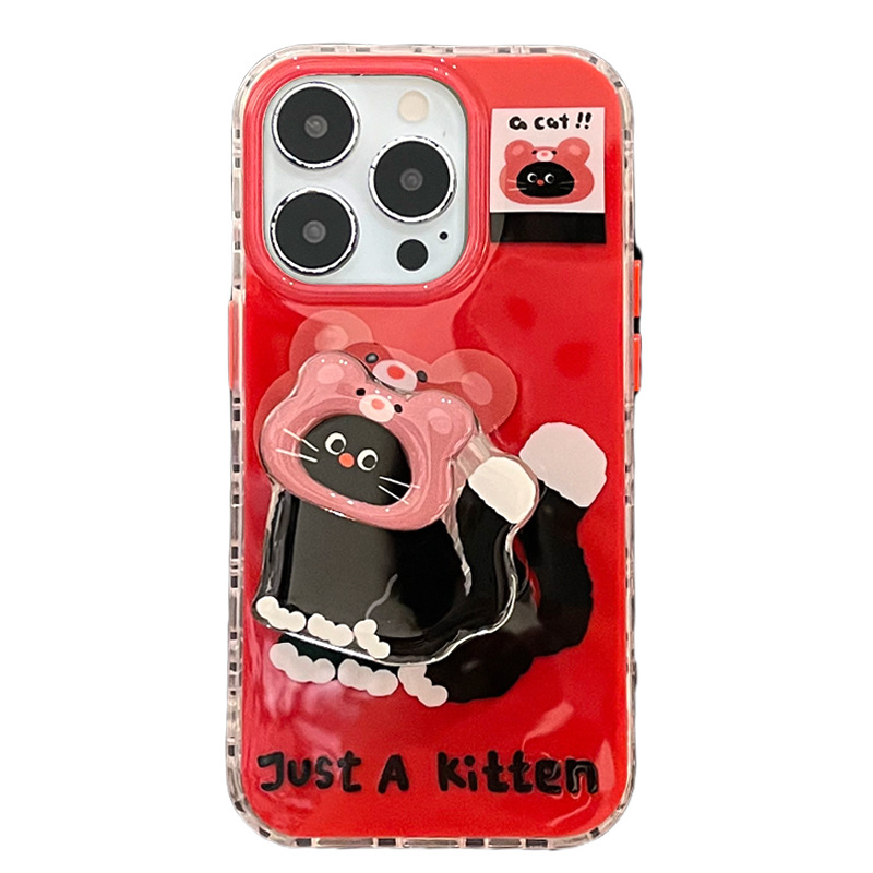 [3Style] 레드 와인 컬러 귀여운 블랙 고양이 거치대 아이폰16ProMax 케이스 아이폰15/14 여성용 애플폰케이스 - 상세 이미지 3
