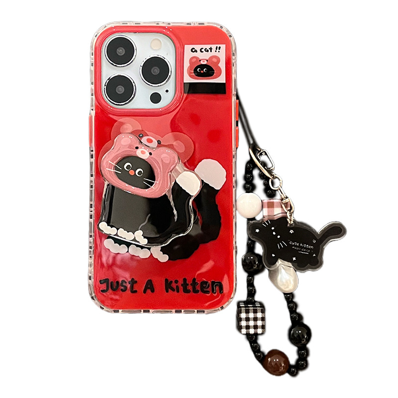 [3Style] 레드 와인 컬러 귀여운 블랙 고양이 거치대 아이폰16ProMax 케이스 아이폰15/14 여성용 애플폰케이스 - 상세 이미지 2