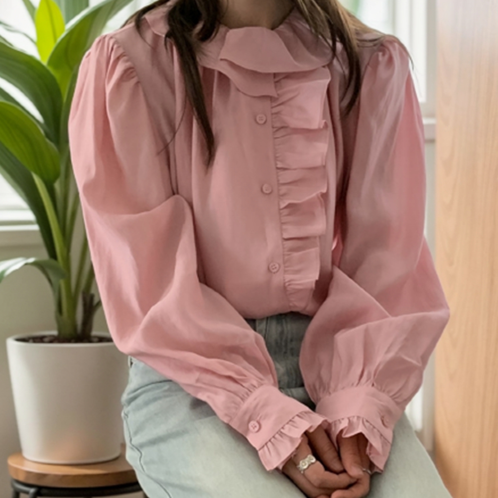 둥근카라블라우스 프릴넥 러플 하객 퍼프 가을 블라우스