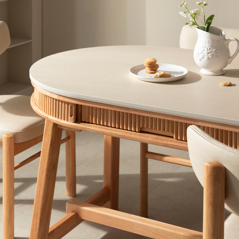 [4인 타원 식탁] 미코하임 비너스 18T 양면 포세린 세라믹 식탁 서랍형 수납 원목 테이블 1500mm, 타원(내추럴)