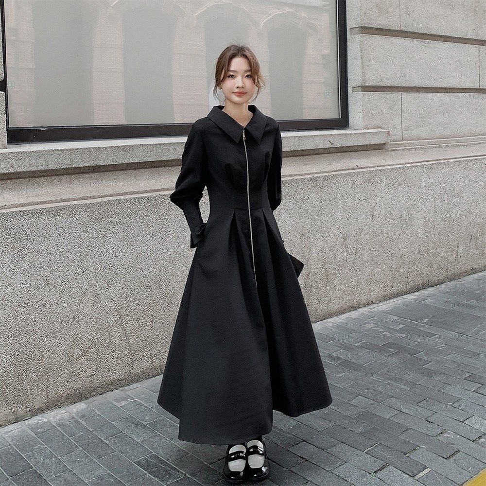 [웨일쓰] 여성 카라넥 집업 바스락원피스 빅사이즈 헵번 하객룩 오피스룩 포켓 셔츠 롱원피스