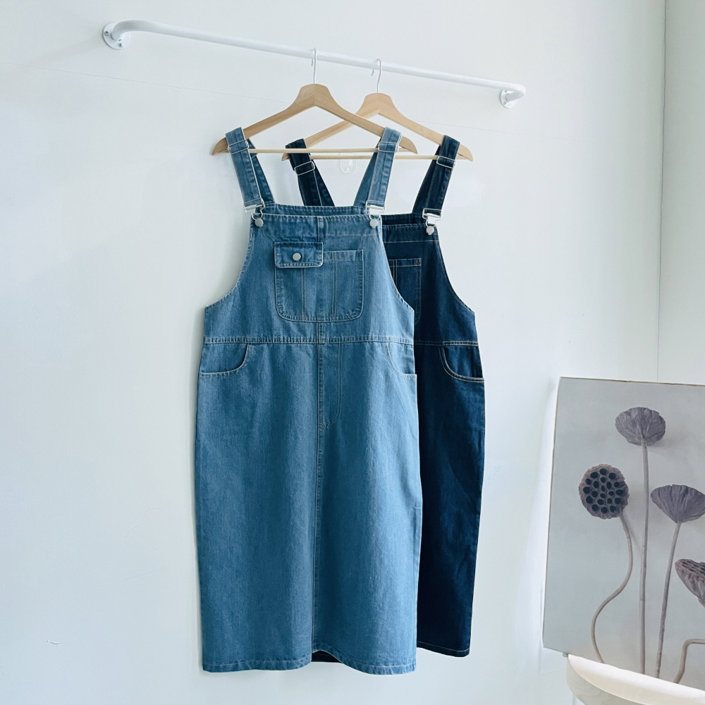 데님 청 멜빵원피스 레이어드 키작녀 H라인 롱 원피스