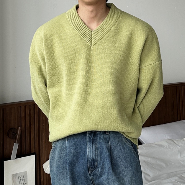 남자 프먼 루즈 오버핏 봄 가을 겨울 부드러운 브이넥 무지 니트 이미지 2