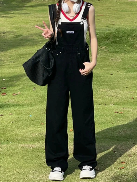 루즈핏 블랙 멜빵바지 점프수트 졸업사진 여행룩 귀여운 이미지 2