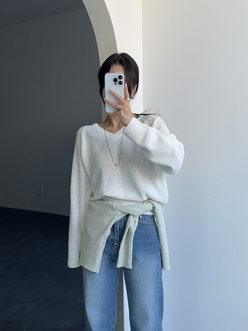 공일 여성 하이웨스트 일자 중청 데님 청바지 상세 이미지 5