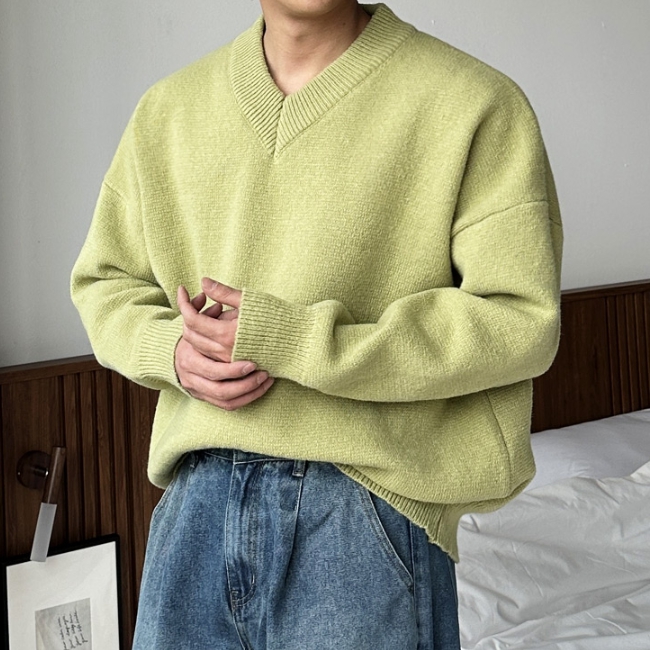 남자 프먼 루즈 오버핏 봄 가을 겨울 부드러운 브이넥 무지 니트 - 상세 이미지 2