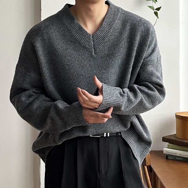 남자 프먼 루즈 오버핏 봄 가을 겨울 부드러운 브이넥 무지 니트 제품 이미지