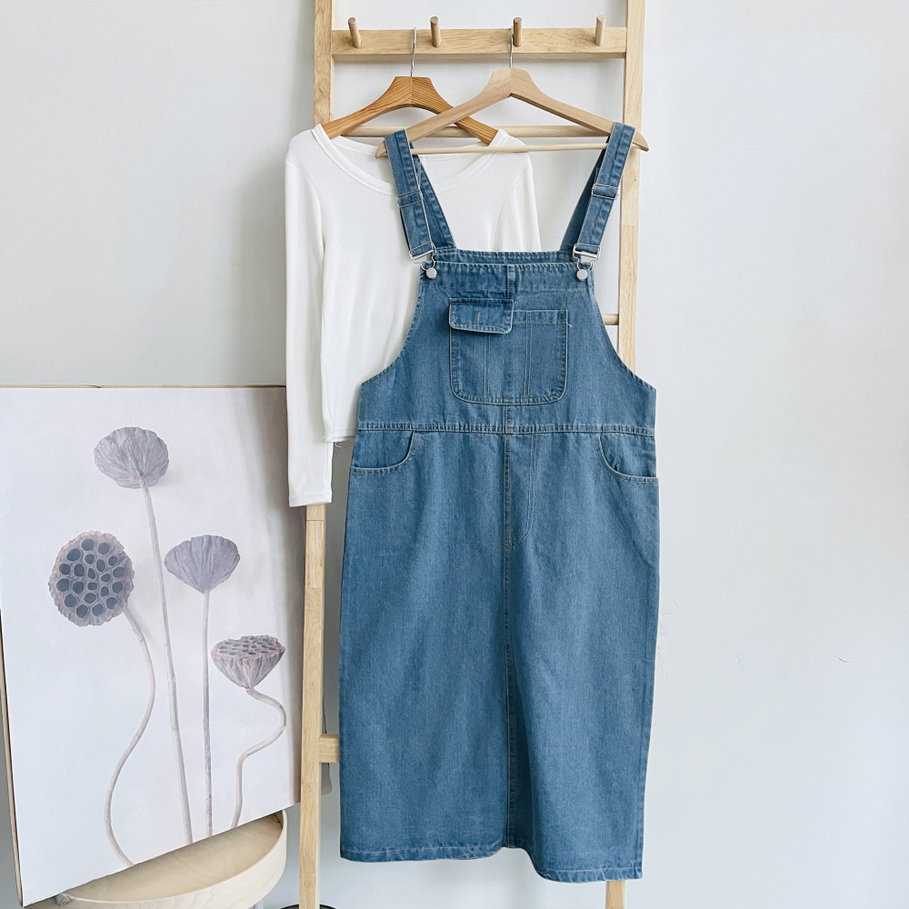 데님 청 멜빵원피스 레이어드 키작녀 H라인 롱 원피스 - 상세 이미지 5