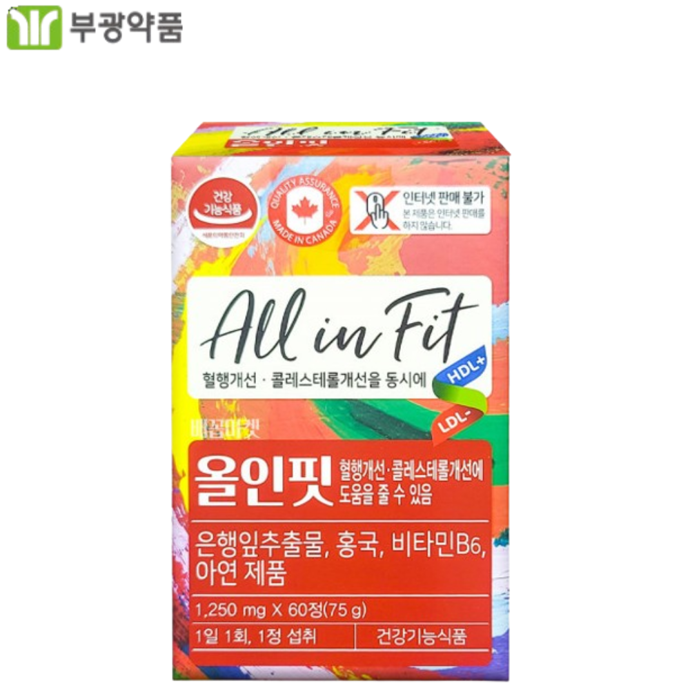 부광메디카 올인핏 60정 1박스 2개월 은행잎추출물 홍국 혈행 콜레스테롤 기억력 두뇌 - 상품 이미지