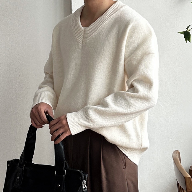 남자 프먼 루즈 오버핏 봄 가을 겨울 부드러운 브이넥 무지 니트 - 상세 이미지 3