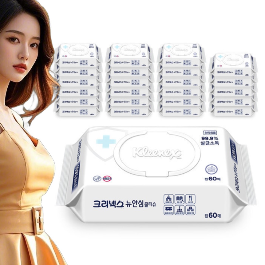크리넥스 뉴안심 살균 손소독 물티슈 소독티슈 캡 60매 24팩