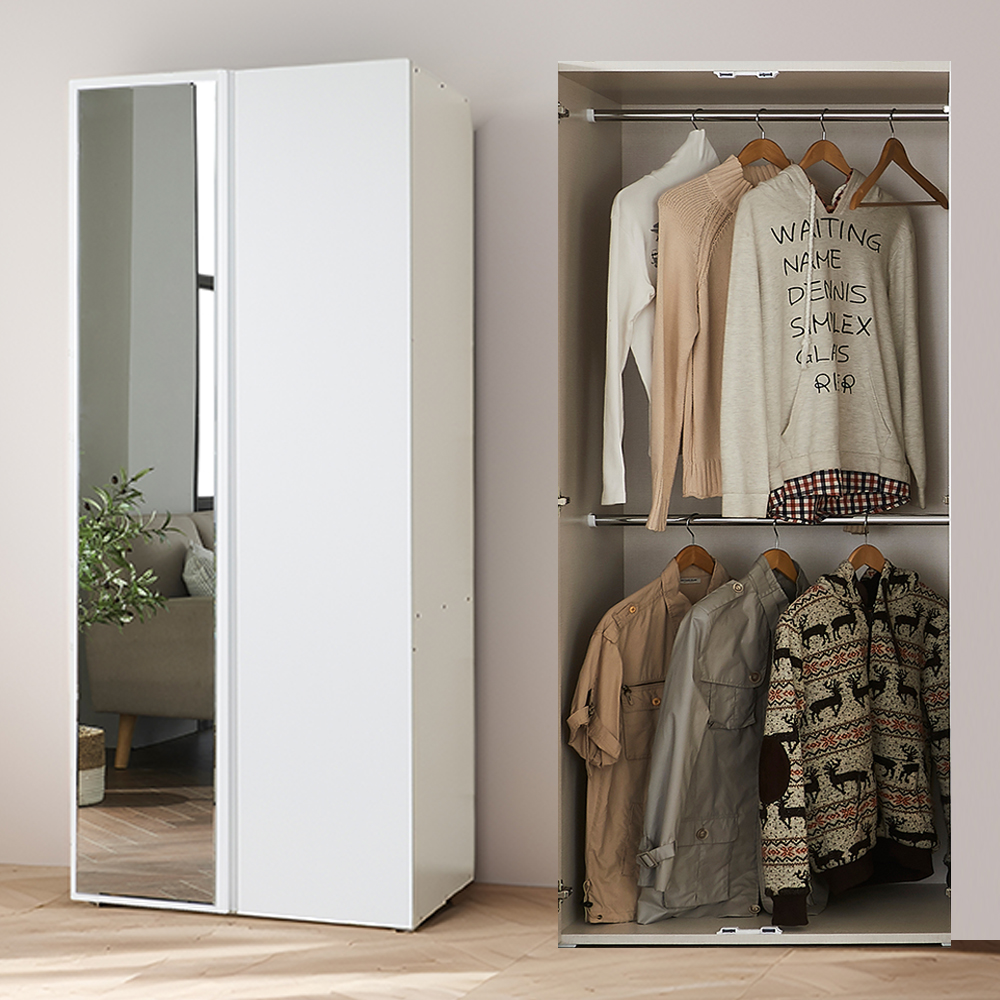 호비 슬림옷장 학생 낮은옷장 1인 이불장농 싱글 작은 원룸 수납 800mm, 거울옷장 화이트