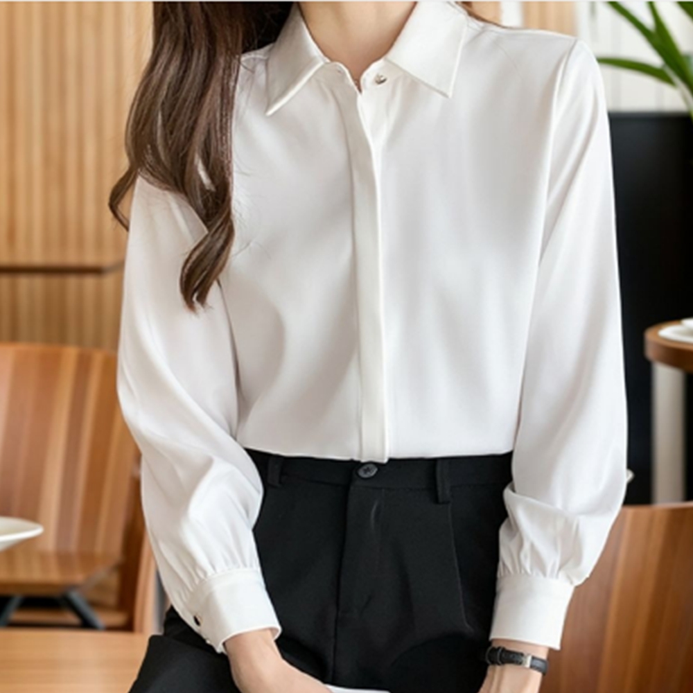 흰블라우스 면접용 결혼식 오픈카라 하객룩 가을 블라우스 - 상품 이미지