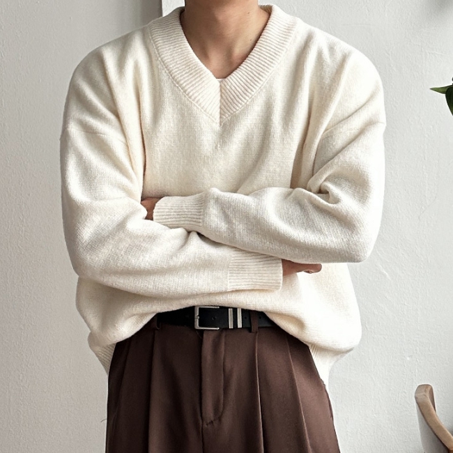 남자 프먼 루즈 오버핏 봄 가을 겨울 부드러운 브이넥 무지 니트 이미지 3