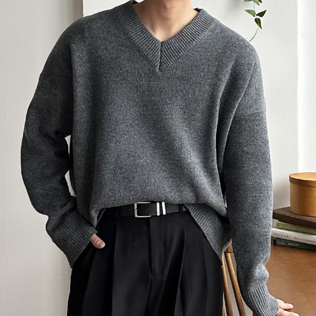 남자 프먼 루즈 오버핏 봄 가을 겨울 부드러운 브이넥 무지 니트 - 상세 이미지 4