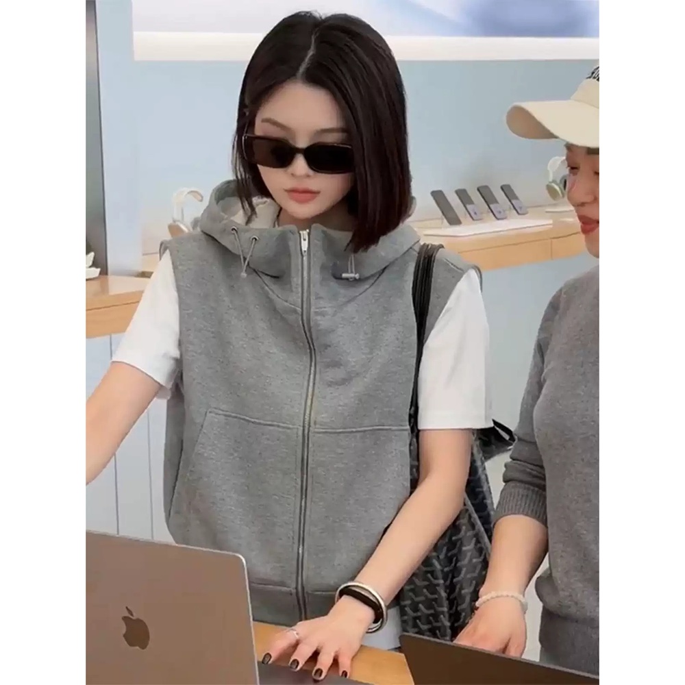 후드 넥라인높은 집업조끼 짧은 고급 스웻셔츠 캐주얼 등산 헬스 다용도 그레이 블랙 - 상세 이미지 4