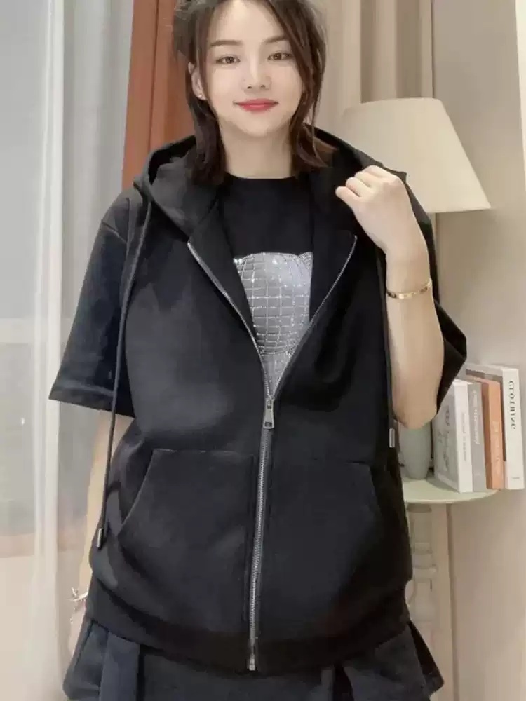 여성 후드 조끼집업 민소매 캐주얼 봄 가을 운동복 나들이 심플 레이어드 블랙 그레이 - 상세 이미지 3