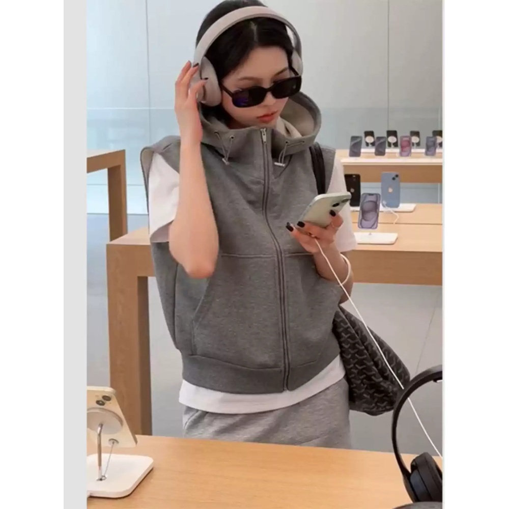 후드 넥라인높은 집업조끼 짧은 고급 스웻셔츠 캐주얼 등산 헬스 다용도 그레이 블랙 - 상세 이미지 3
