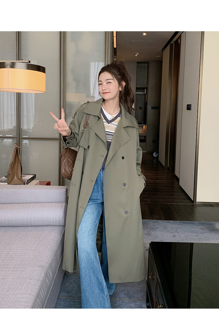 멋퀸 봄가을 루즈핏 카키 아미그린 더블버튼 롱트렌치코트 - 메인 이미지