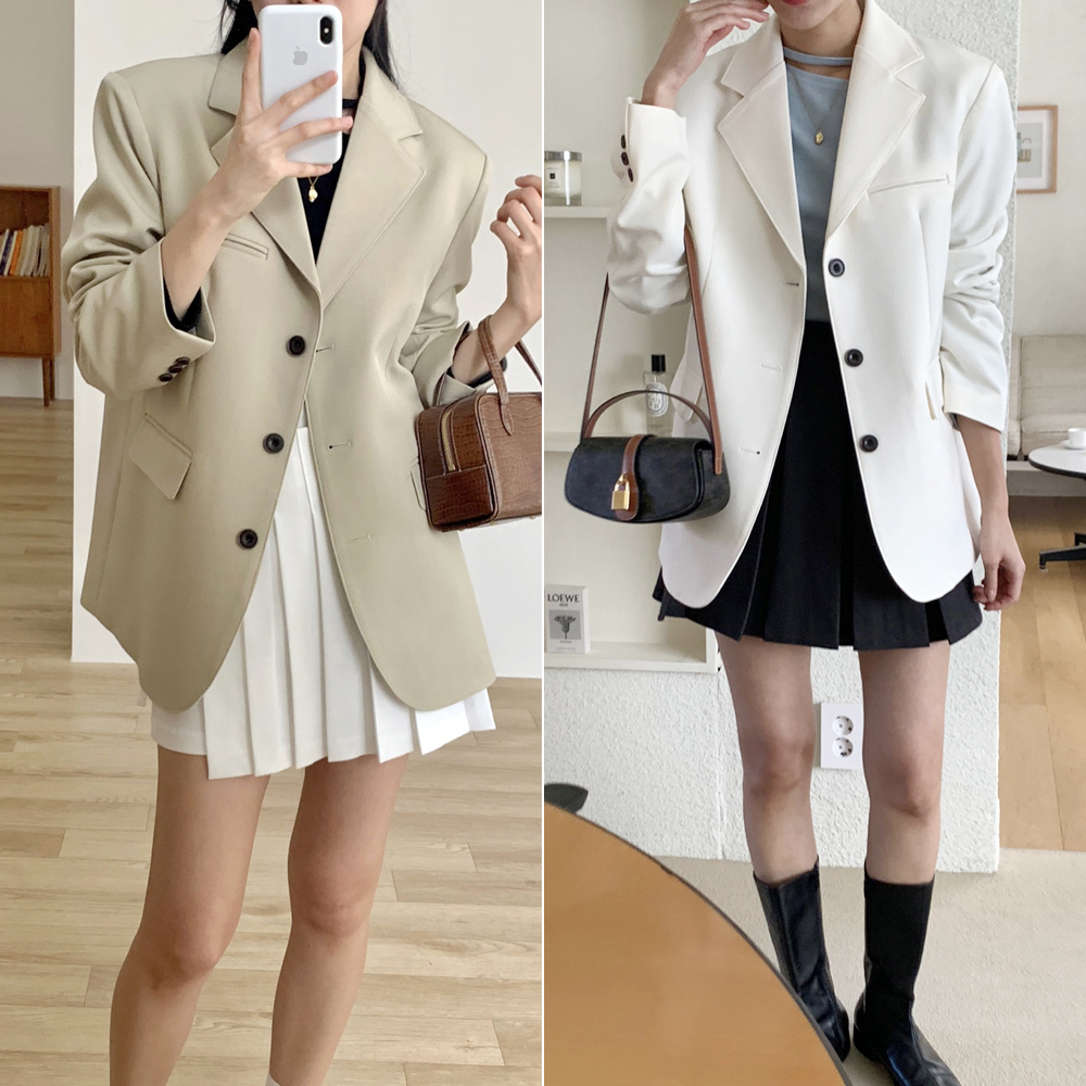 고급 페미닌 싱글 오버핏 블레이저 여자 자켓 테일러드 정장재킷 여성 가을 자켓 화이트 블랙