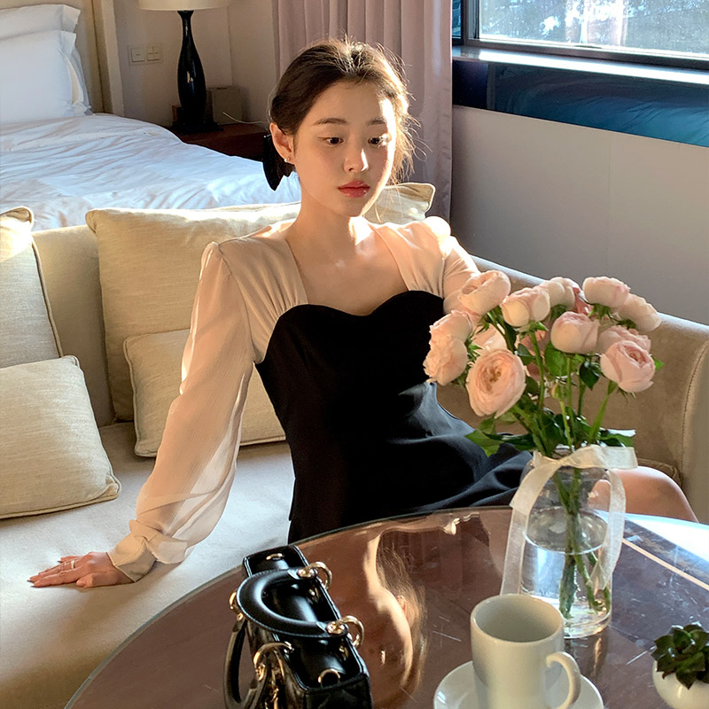 브에르 2기장 시스루소매 하트넥 배색 플레어 원피스 op15936 - 상세 이미지 5