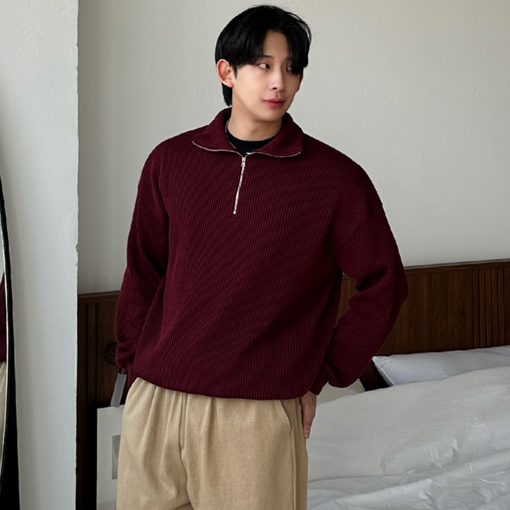 남자 먼채 오버핏 봄 가을 간절기 골지 반집업 니트 - 상세 이미지 2