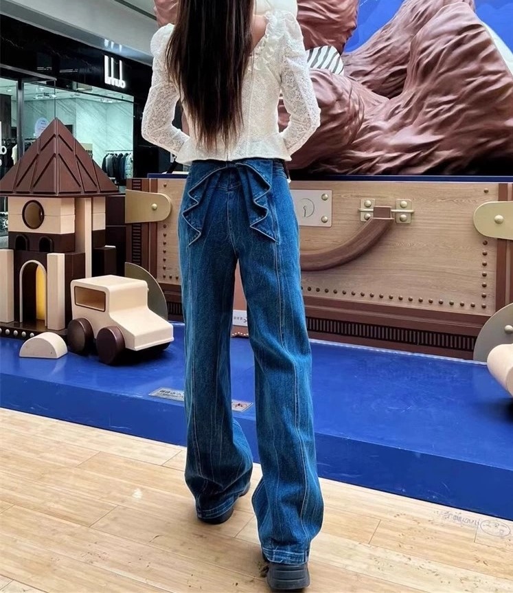 여성스러운청바지 곱창 뒷왕리본 와이드 데님팬츠 레트로룩 특이한통청바지 - 상세 이미지 3