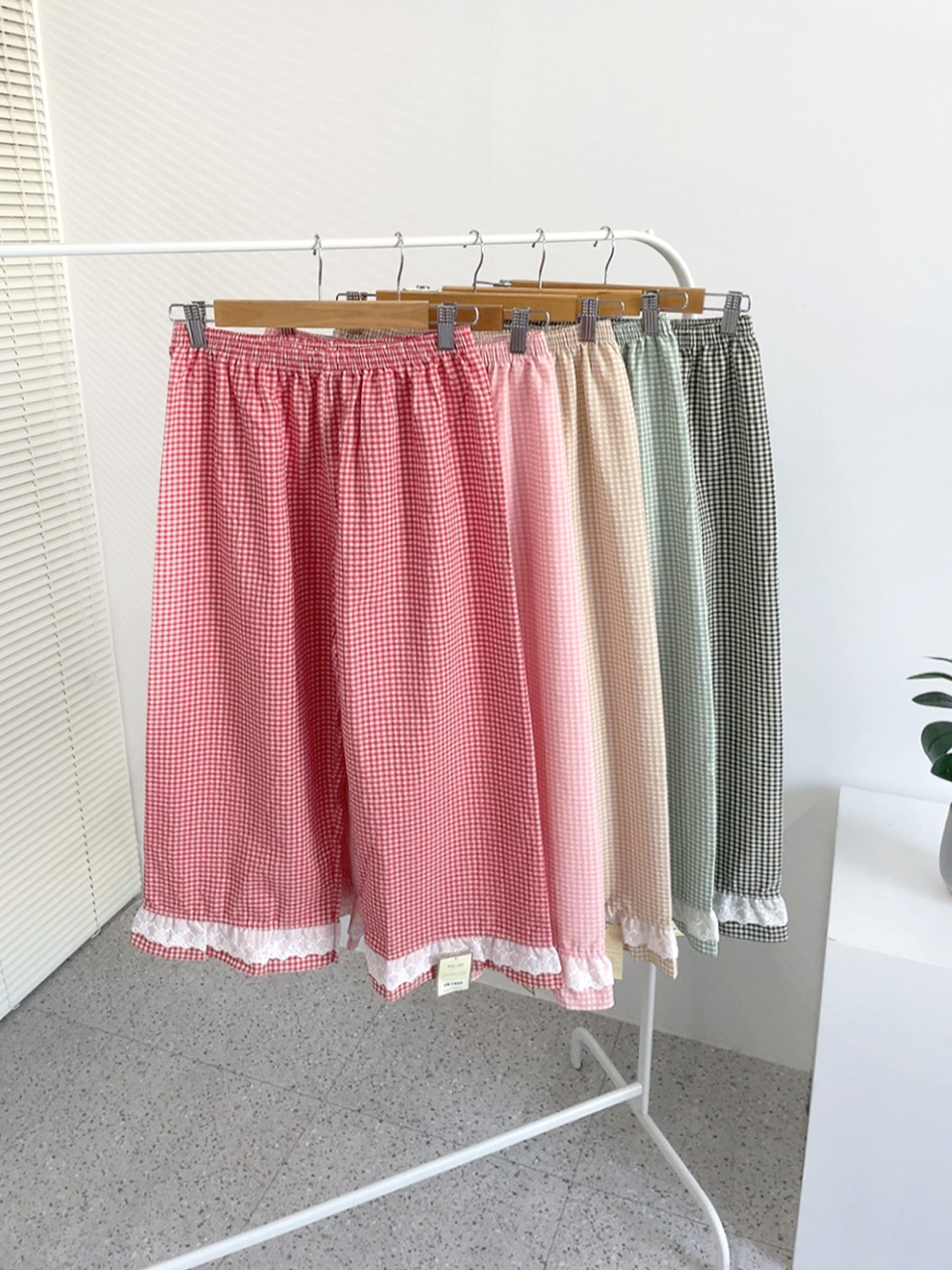 [ -99까지X순면소재] 💖 체크 고무줄 레이스 순면 국산 파자마 잠옷 9부 바지 홈웨어 여성 빅사이즈 상세 이미지 2
