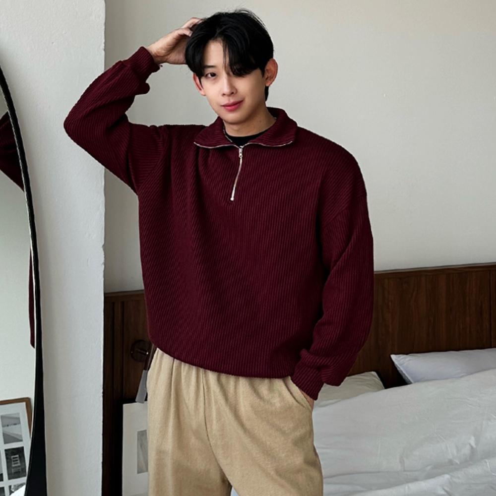 남자 먼채 오버핏 봄 가을 간절기 골지 반집업 니트 - 상세 이미지 5