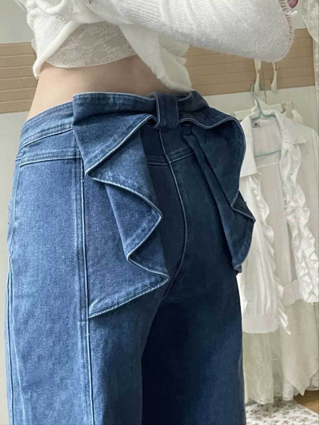 여성스러운청바지 곱창 뒷왕리본 와이드 데님팬츠 레트로룩 특이한통청바지 이미지 7