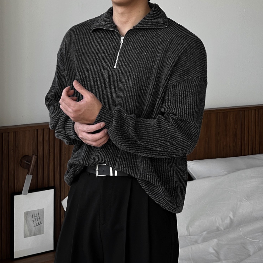 남자 먼채 오버핏 봄 가을 간절기 골지 반집업 니트 - 상세 이미지 3
