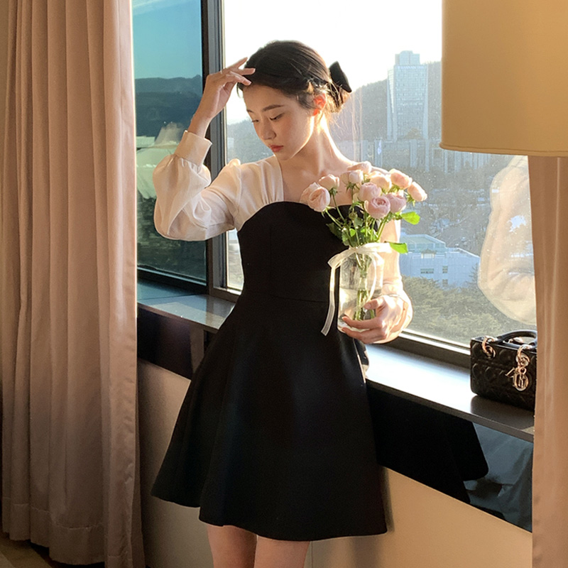브에르 2기장 시스루소매 하트넥 배색 플레어 원피스 op15936 - 상세 이미지 2
