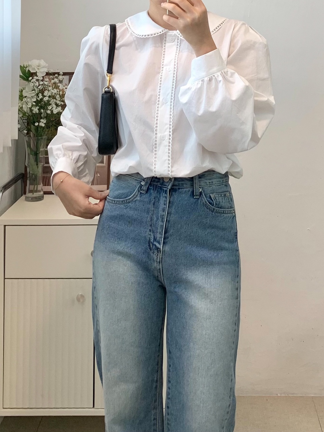 [S/M당일출고] 워싱 절개라인 연청바지 세미와이드청바지 사선절개 일자와이드데님 상세 이미지 20