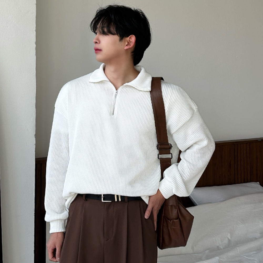 남자 먼채 오버핏 봄 가을 간절기 골지 반집업 니트 - 상세 이미지 4