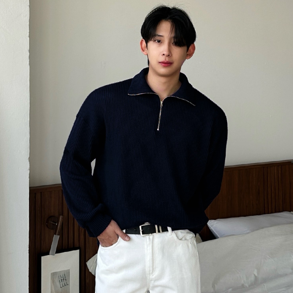 남자 먼채 오버핏 봄 가을 간절기 골지 반집업 니트 이미지 6