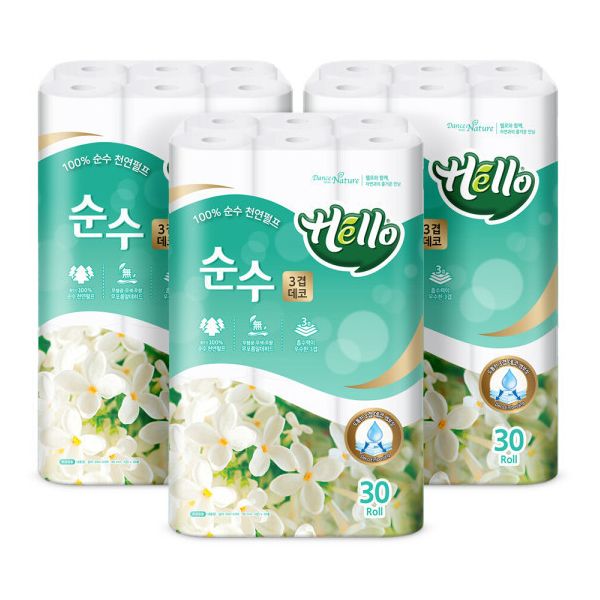 헬로 순수 3겹 30m 30롤 3팩 클린네이처물에 잘풀리는 부드러운 화장지 : 디씨메이져