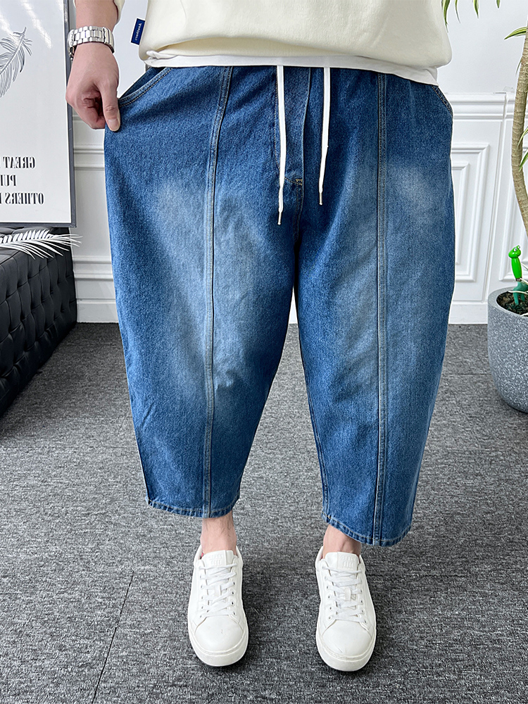 남자 와이드 청바지 9부 밴딩 절개 배기 벌룬 데님팬츠